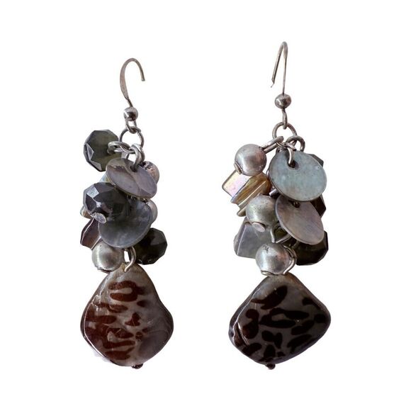 Vintage Cheetah Print Glass Cluster Dangle Earrings 2.5" Pearl Shell - Picture 5 of 9